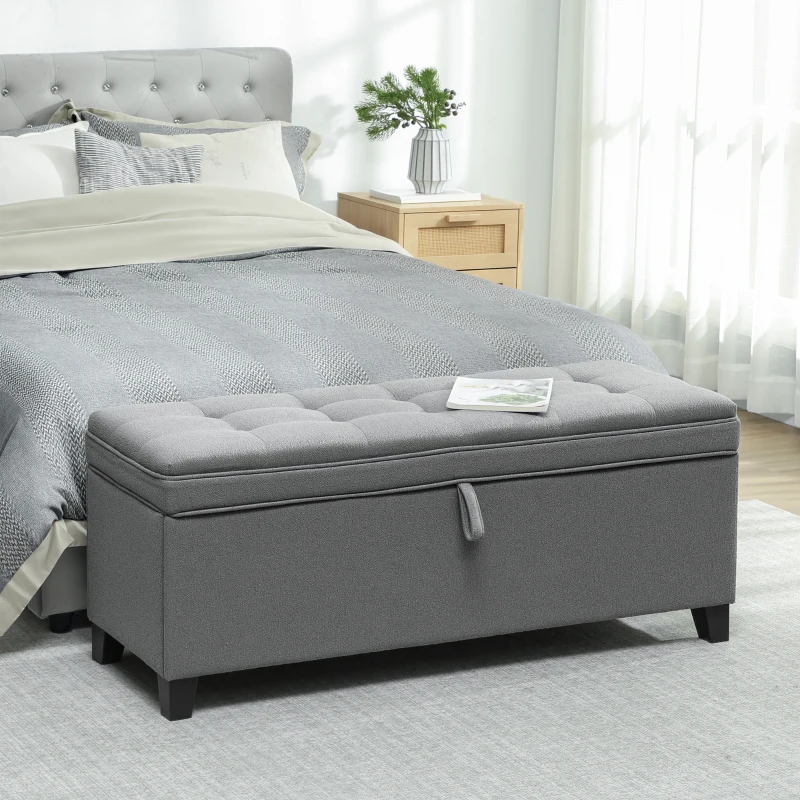HOMCOM Banc de rangement 112L banquette bout de lit en tissu de lin, siège capitonné, 120 x 40 x 48 cm, gris foncé