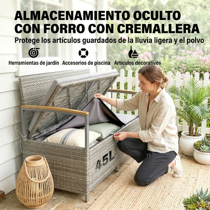 Outsunny Banco de Almacenamiento Exterior de Ratán 170 L con Cojín Lavable Respaldo Reposabrazos de Madera de Acacia Gris Claro