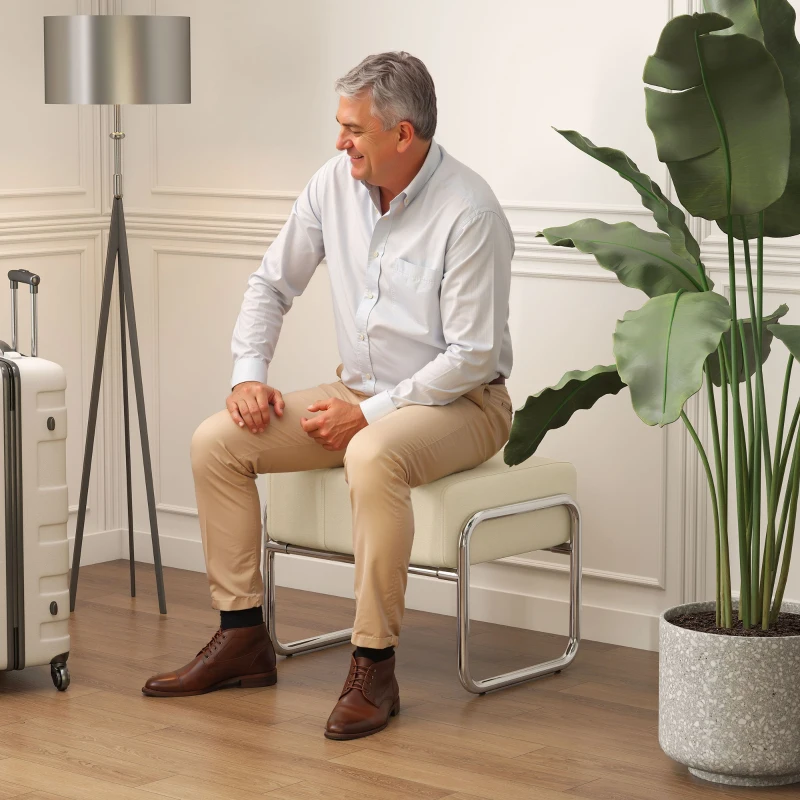 HOMCOM Fußhocker Sitzhocker Dick Gepolstert Hocker mit Chenille-Stoff Stahlbeinen für Schlafzimmer, Beige