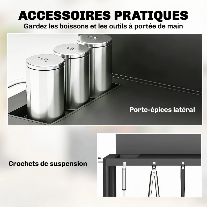 Outsunny Chariot de Barbecue Desserte de Jardin Mobile avec Pare-vent 3 Niveaux Rideau Oxford 100x46x110cm Noir