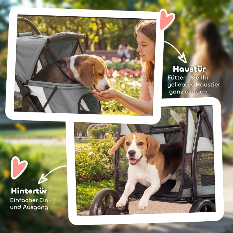 PawHut Hundewagen Faltbar Hundebuggy mit waschbarem Kissen, Netzfenstern, 3 Räder, für mittelgroße Hunde bis 20 kg, Grau
