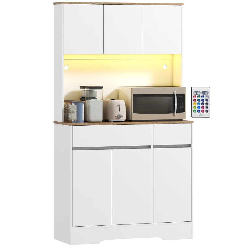 HOMCOM Buffet cuisine meuble cuisine rangement haut avec lumière LED RGB, plan de travail, 6 portes, 2 tiroirs, blanc