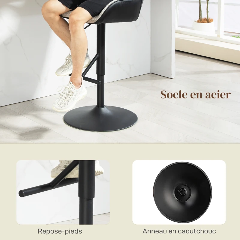 HOMCOM Lot de 2 tabourets de bar chaises de bar hauteur réglable tissu effet lin et base en acier 52,5 x 53 x 86,5-108 cm gris