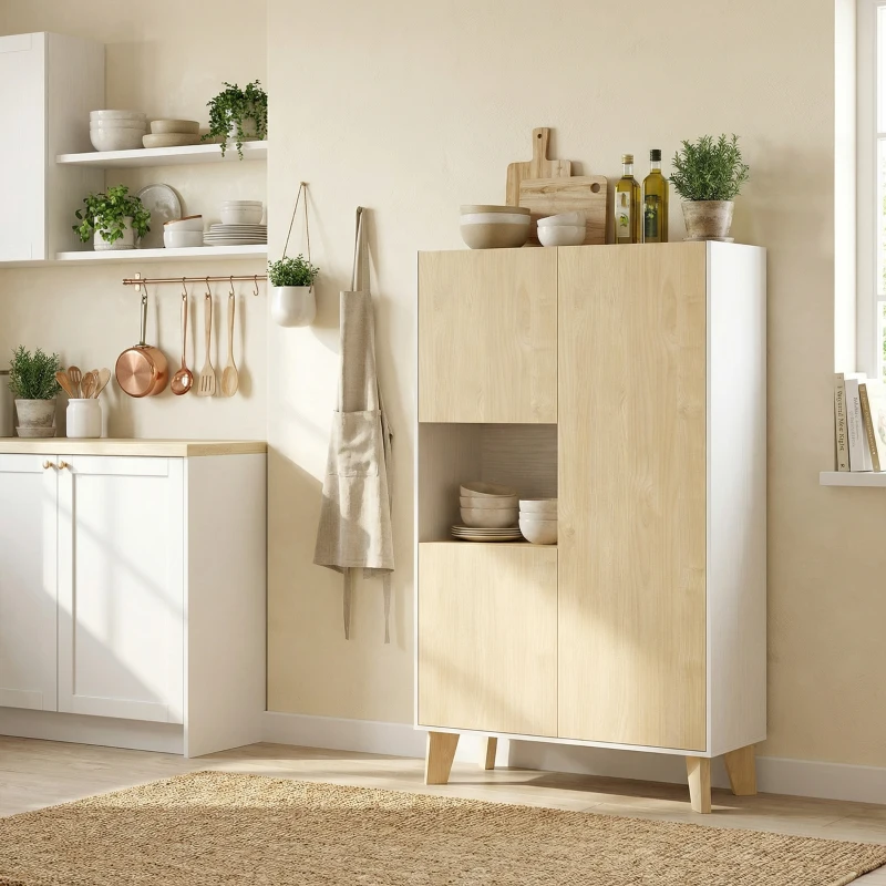 HOMCOM Buffet salon, meuble de rangement à 6 compartiments et portes à fermeture amortie, 80x40x135cm, blanc et bois naturel