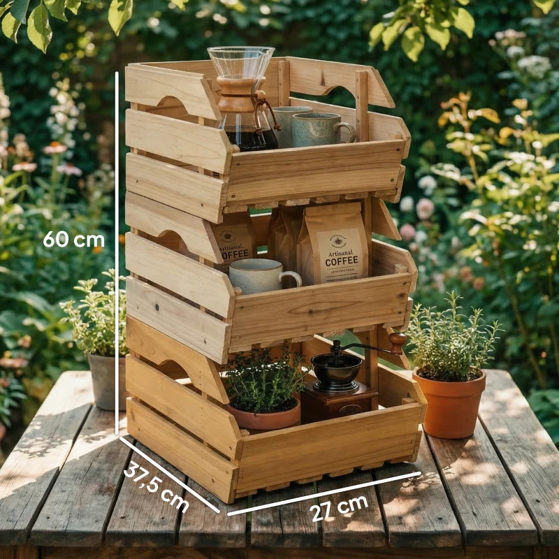 Outsunny Support de Corbeille à Fruits en Bois de Sapin à 3 Étages Amovibles, pour Fruits et Légumes, 27x37,5x60cm, Naturel