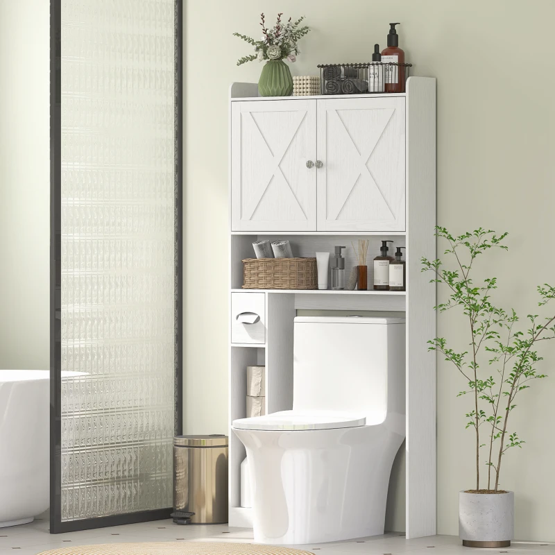 HOMCOM Meuble WC dessus de toilette avec placard à porte de grange, étagère réglable, compartiments et porte-papier, blanc