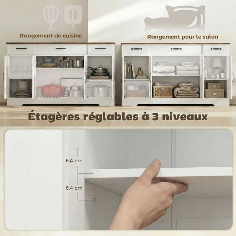HOMCOM Buffet, meuble de rangement cuisine style ferme avec 4 portes de grange, 3 tiroirs, étagères ajustables, blanc