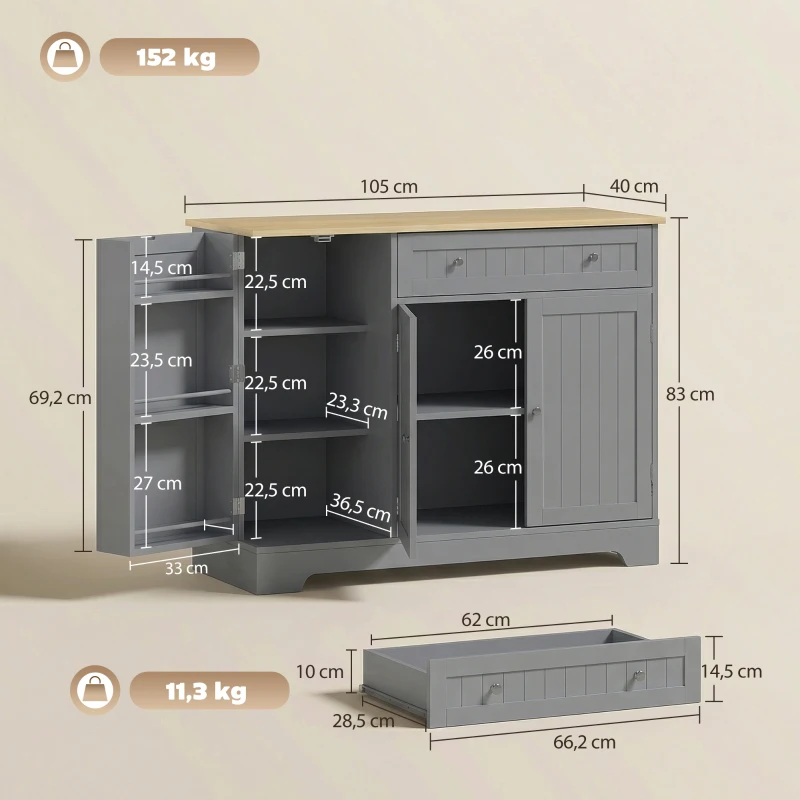 HOMCOM Buffet cuisine, meuble de rangement avec 3 portes, tiroir, étagères de porte et étagère réglable, 105x40x83cm, gris