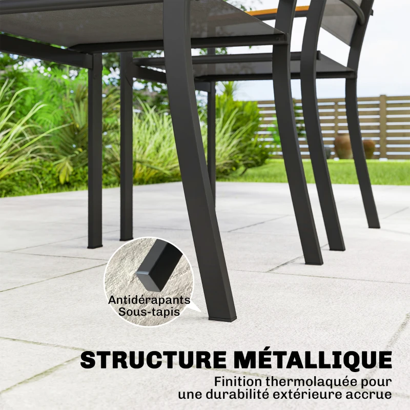 Outsunny Lot de 2 Chaises de Jardin Empilables en Métal et Textilène, Accoudoirs en WPC, Dossier Haut, 56x62x89cm, Gris