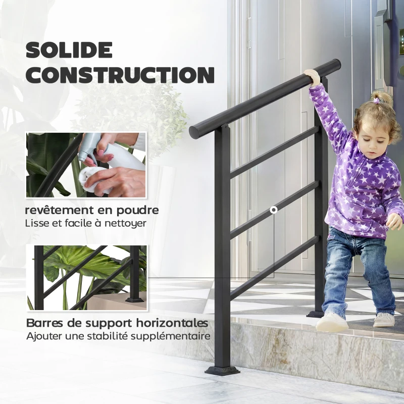 Outsunny Rampe d'Escalier Extérieure pour 1 à 3 Marches, Main Courante Escalier en Métal avec Kit d'Installation, Noir