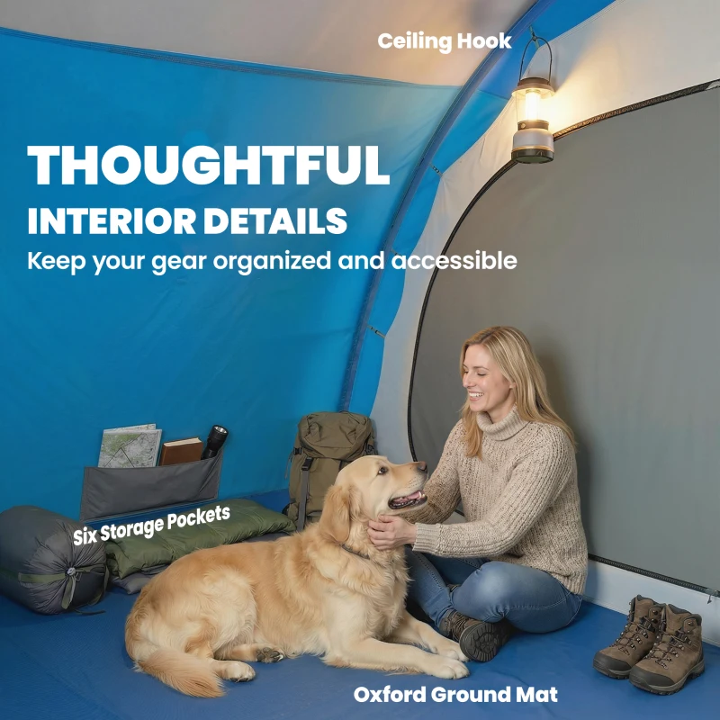 Outsunny Cort familial tip tunel pentru 4 persoane cu 3 camere Ușă 4 ferestre Impermeabil Montaj ușor