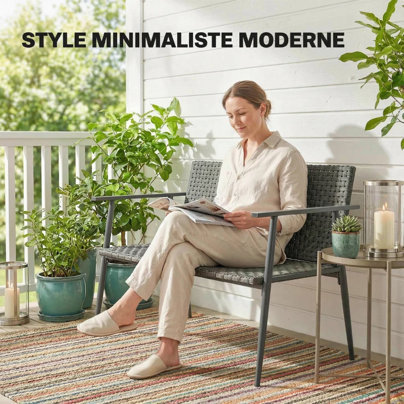 Outsunny Banc de Jardin 2 places en Résine Tressée et Acier, avec Accoudoirs, Dossiers et Pieds Réglables, 110x58x78cm, Gris