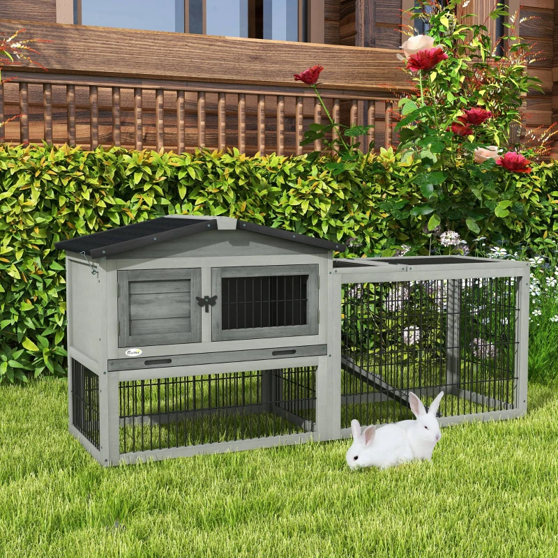 PawHut Clapier de sol cage à lapin cottage niche supérieure avec rampe enclos extérieur 150 x 52 x 68 cm gris