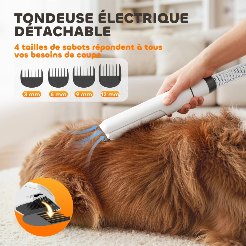 PawHut Aspirateur poil de chien et séchoir 5-en-1 kit toilettage chien professionnel 12kPa  50dB 37,6x17,5x18,5cm blanc