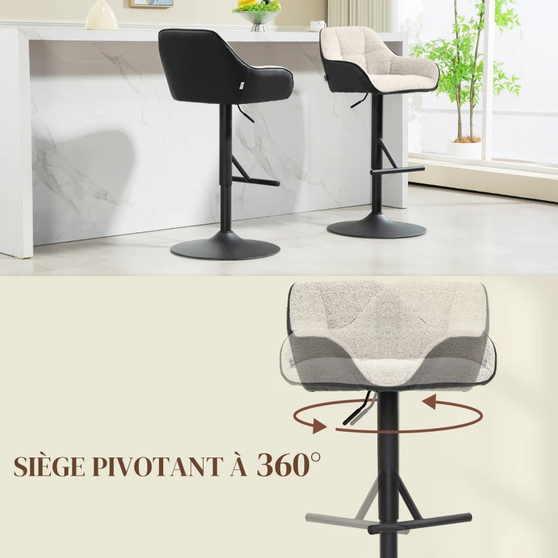 HOMCOM Lot de 2 tabourets de bar chaises de bar hauteur réglable tissu effet lin et base en acier 52,5 x 53 x 86,5-108 cm gris