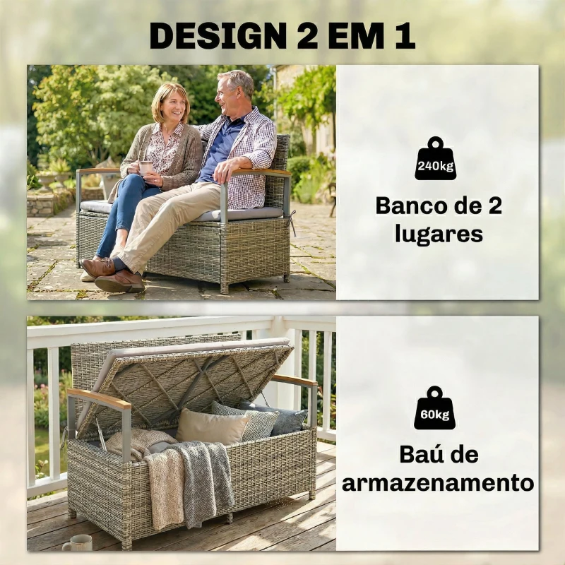 Outsunny Banco de Armazenamento Exterior 170 L com Almofada Lavável Encosto Apoios de Braços em Madeira de Acácia Cinzento Claro