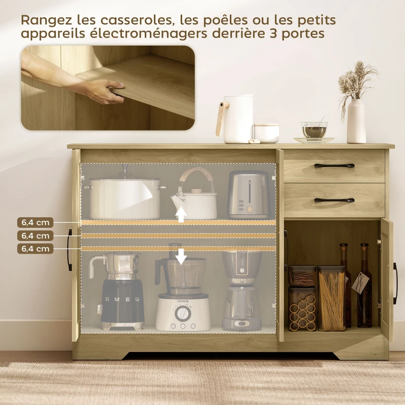 HOMCOM Buffet, meuble de rangement avec 3 portes, 2 tiroirs et étagère réglable, 120 x 38 x 79 cm, bois naturel