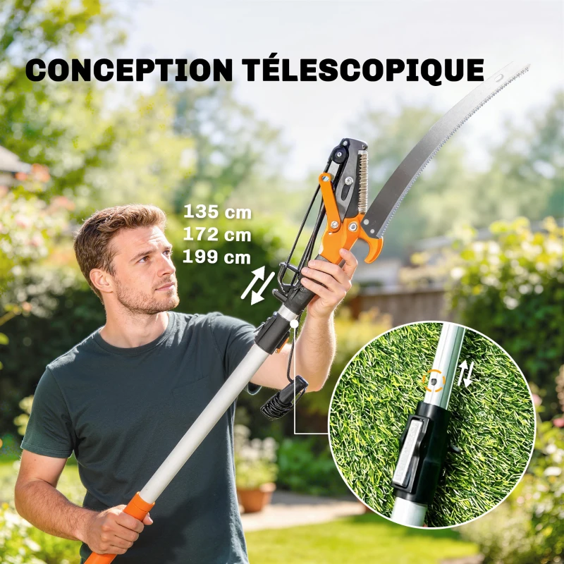 Outsunny Élagueur télescopique 2 en 1, scie manuelle, sécateur avec verrou de sécurité, perche télescopique en aluminium 2 m