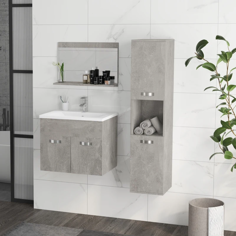 kleankin Ensemble de Meubles de Salle de Bain 4 Pièces, Mural, avec Miroir, Meuble sous Vasque, Lavabo et Armoire Haute, gris