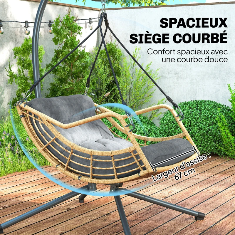 Outsunny Fauteuil suspendu en résine tressée avec support, chaise suspendue, coussin, attache de sécurité, hauteur réglable, gris