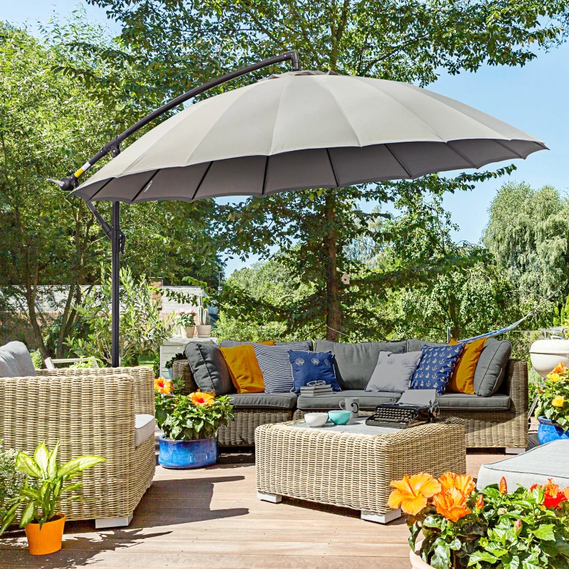 Outsunny Parasol déporté rond inclinable manivelle piètement mât métal. dim. Ø 2,96 x 2,6H m polyester haute densité gris