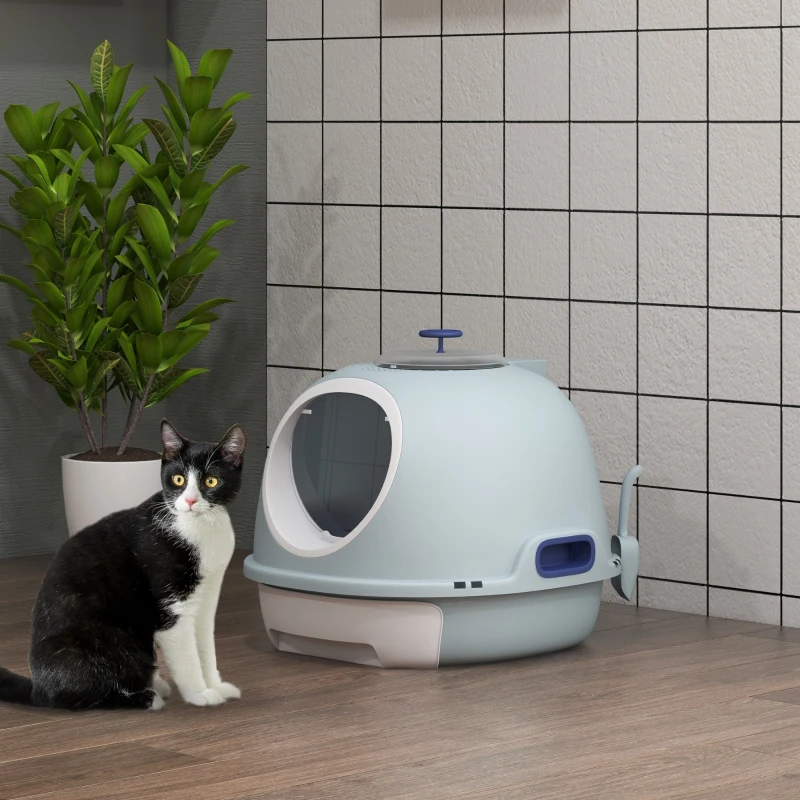 PawHut Bac à litière pour chat maison de toilette portable pour chat tiroir à litière coulissant porte battante lucarne + pelle fournis dim. 47L x 55l x 44H cm bleu