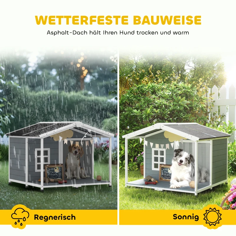 PawHut Hundehütte wetterfestes Erhöhtes Hundehaus aus Holz mit Asphaltdach, Terrasse, für mittelgroße Hunde 103x107x83,5cm Grau