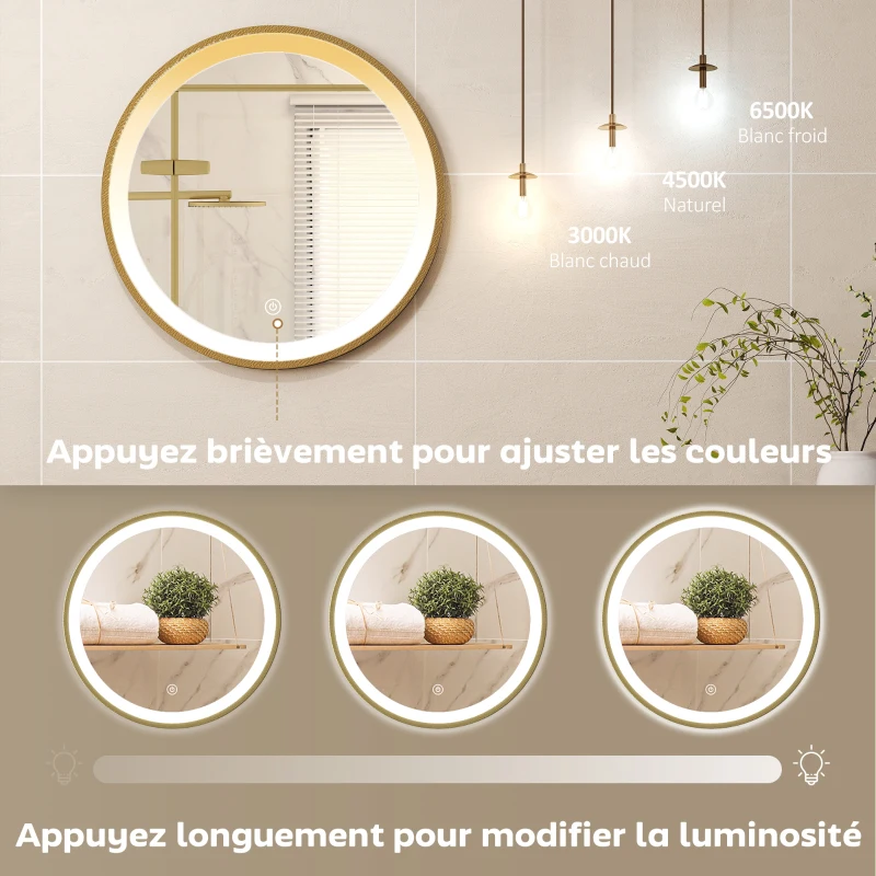 HOMCOM Miroir salle de bain avec éclairage LED rond 40 cm, miroir lumineux mural à 3 températures de couleur, dimmable, doré