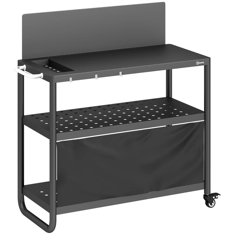 Outsunny Chariot de Barbecue Desserte de Jardin Mobile avec Pare-vent 3 Niveaux Rideau Oxford 100x46x110cm Noir