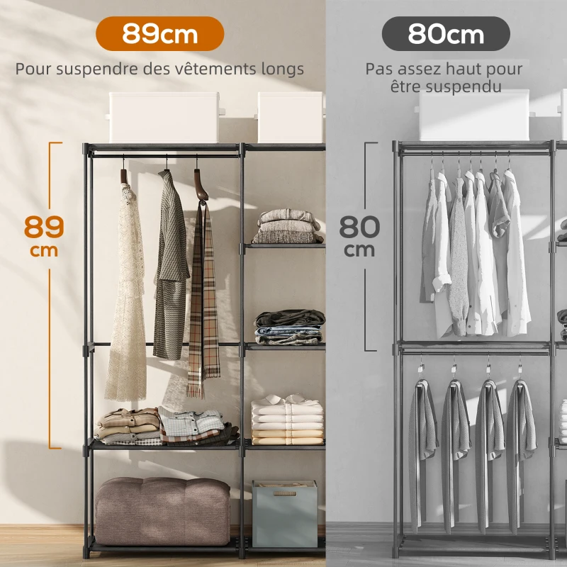 HOMCOM Armoire de rangement, penderie en tissu avec barre de suspension et étagères, 182 x 43 x 185 cm, noir