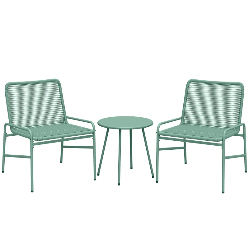 Outsunny Salon de Jardin Extérieur 3 Pièces en Résine Tressée et Acier, Table de Jardin Ronde avec 2 Chaises, 58x67x75cm, Vert