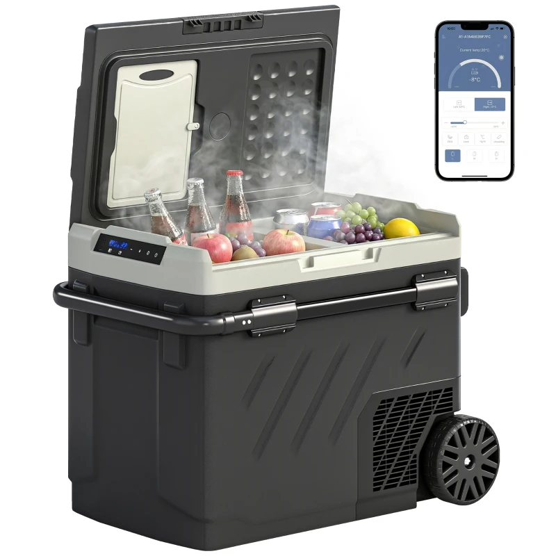 Outsunny Frigorífico Portátil Elétrico 49 L com Compressor Dupla Zona Controlo por App Rodas Pega Telescópica -20 ℃ a 20 ℃ e Porta USB