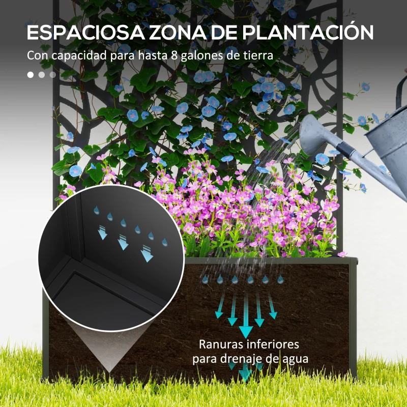Outsunny Jardinera Elevada con Panel de Privacidad de Ramas Decorativas de Metal y Opción de Montaje en Pared 61x23x113 cm Negro