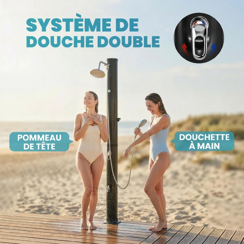 Outsunny Douche Solaire de Jardin 40L avec Douchette à Main et Robinet Lave-Pieds Mitigeur Eau Chaude 218cm de Haut Anti-UV Noir