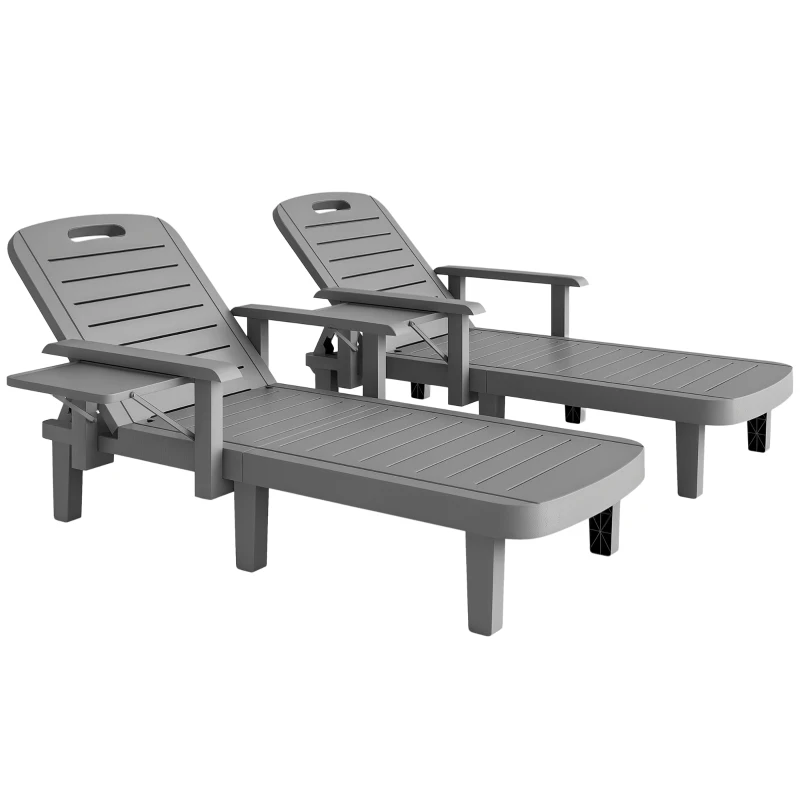 Outsunny Lot de 2 bains de soleil, chaise longue avec dossier inclinable et tablettes pliables, 79x158x88cm, gris foncé