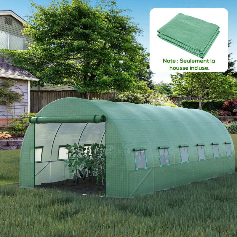Outsunny Bâche de Rechange Serre Tunnel 18 m², bâche 6 x 3 x 2 m PE Anti-UV imperméable 12 fenêtres + Porte Enroulable zippée vert