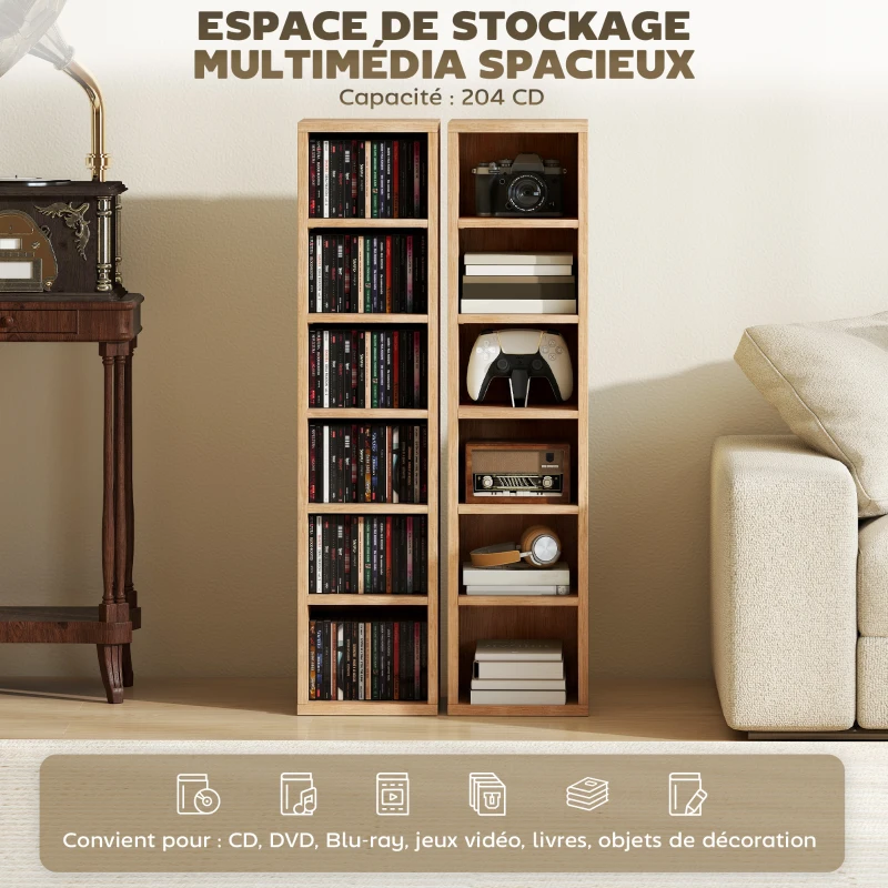 HOMCOM Lot de 2 étagères colonnes armoire de rangement CD-DVD 12 compartiments 21 x 22,5 x 88,5 cm capacité 204 CD bois naturel