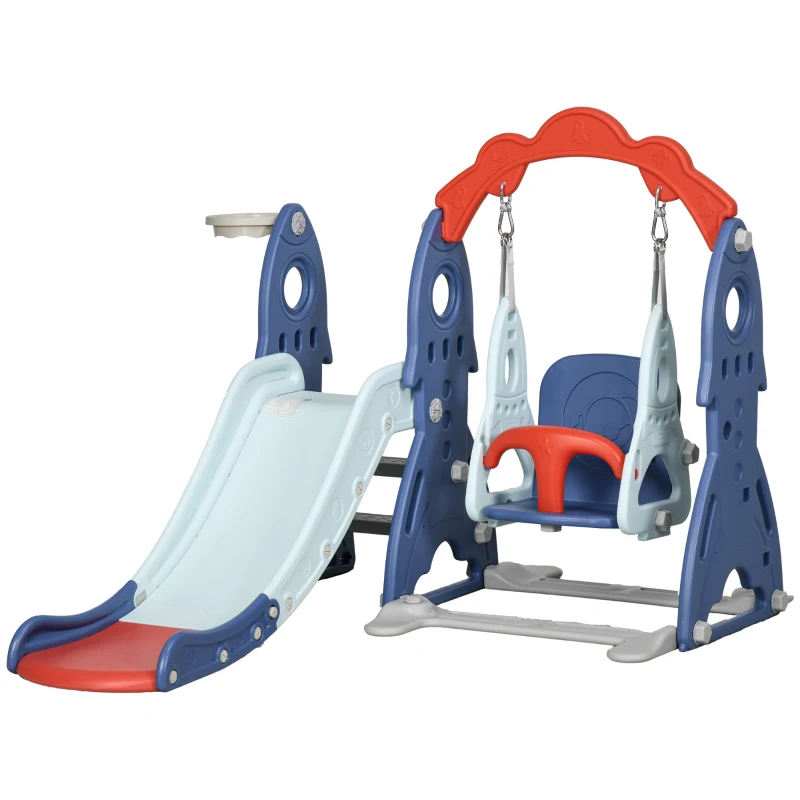 AIYAPLAY Ensemble toboggan et balançoire pour enfants 3 en 1 avec panier de basket, 155L x 136l x 114H cm bleu