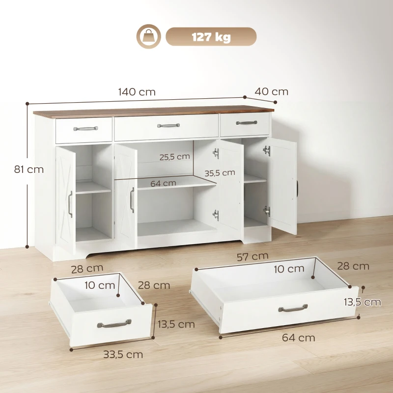 HOMCOM Buffet, meuble de rangement cuisine style ferme avec 4 portes de grange, 3 tiroirs, étagères ajustables, blanc