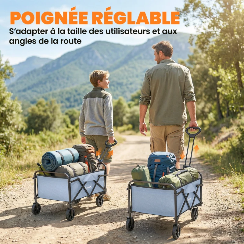 Outsunny Chariot de Jardin Charrette de Transport Pliable Tout-Terrain 66L Charge 68kg Poignée Réglable 81 x 45 x 89 cm Gris