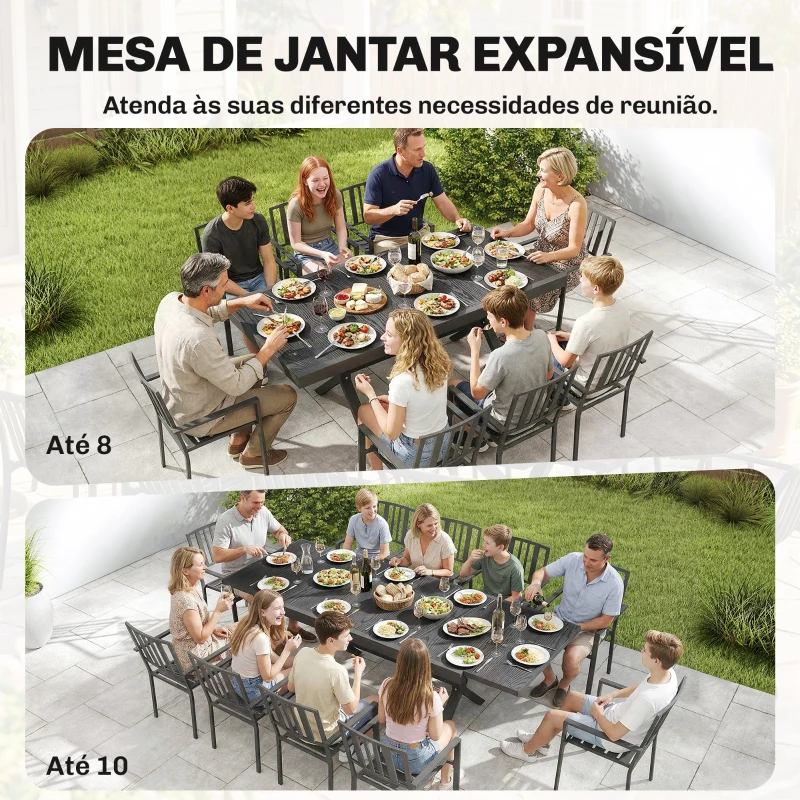 Outsunny Mesa de Jardim Extensível com Superfície em Alumínio 154/214x85 cm com Efeito Madeira para 8-10 Pessoas Cinza Escuro