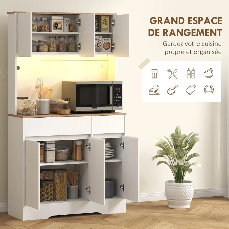 HOMCOM Buffet cuisine meuble cuisine rangement haut avec lumière LED RGB, plan de travail, 6 portes, 2 tiroirs, blanc