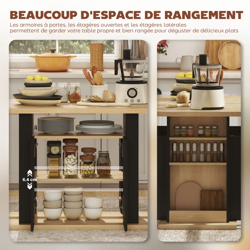 HOMCOM Table à manger ilot central cuisine avec grand plan de travail 4 personnes placard 4 portes 110 x 70 x 75,5 cm noir