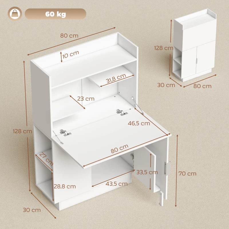 HOMCOM Bureau d'ordinateur pliant, bureau informatique avec plateau rabattable, étagères et placard, 80x30x128cm, blanc