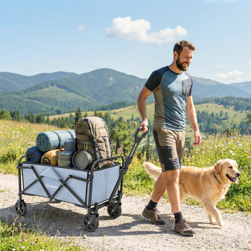 Outsunny Chariot de Jardin Charrette de Transport Pliable Tout-Terrain 66L Charge 68kg Poignée Réglable 81 x 45 x 89 cm Gris
