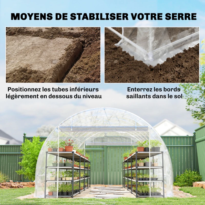 Outsunny Serre tunnel de jardin 18m² serre de jardin tunnel 296x597x199cm cadre acier galvanisé, bâche PE 150g/m² transparent