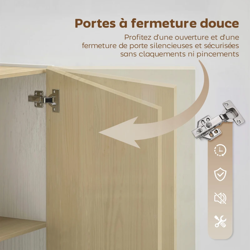 HOMCOM Buffet salon, meuble de rangement à 6 compartiments et portes à fermeture amortie, 80x40x135cm, blanc et bois naturel