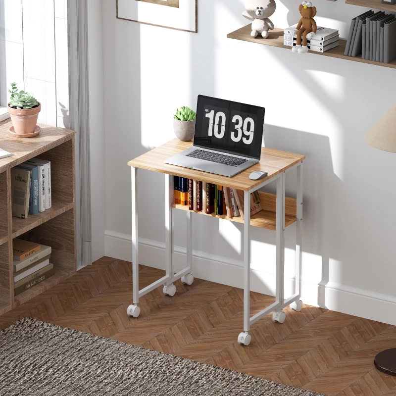 HOMCOM Bureau pliable sur roulettes 63 x 50 cm avec étagère et sac de rangement, bois naturel