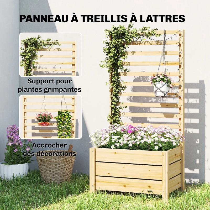Outsunny Jardinière avec treillis, bac à fleurs avec brise-vue, trou de drainage et doublure intérieure, 60 x 39 x 120 cm, bois naturel