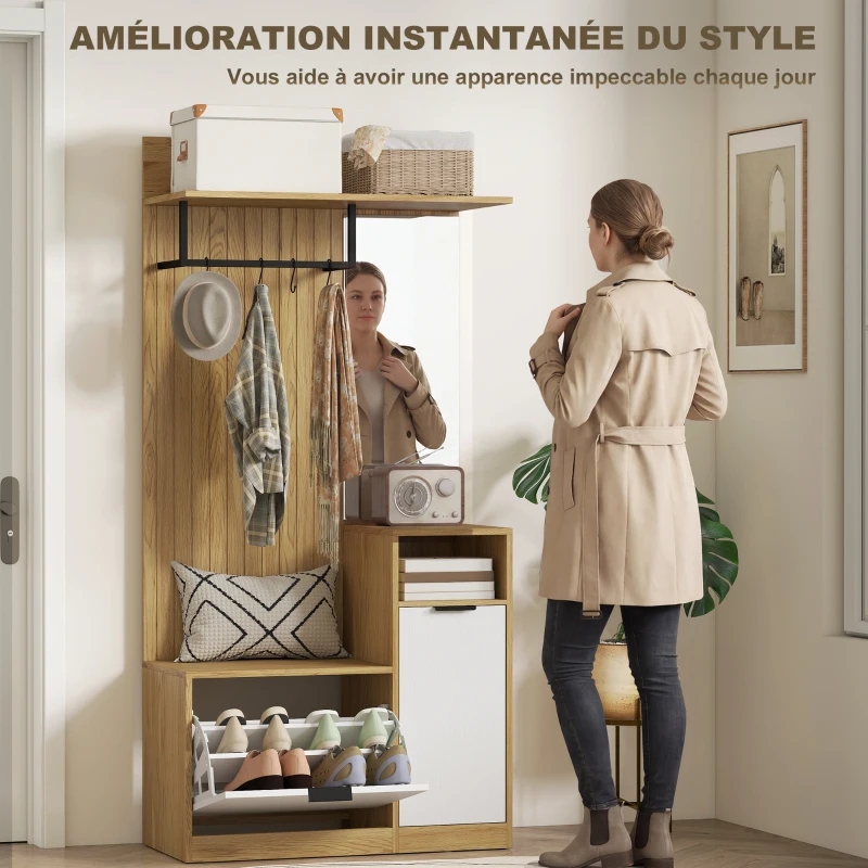HOMCOM Meuble d'entrée 6 en 1, vestiaire d'entrée avec banc à chaussures rabattable, miroir, 80x37x168cm, chêne